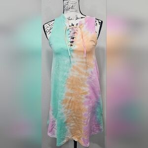Lagaci Tye Dye Terry Dress Swimsuit Cover Summer Pink Green Orange Med